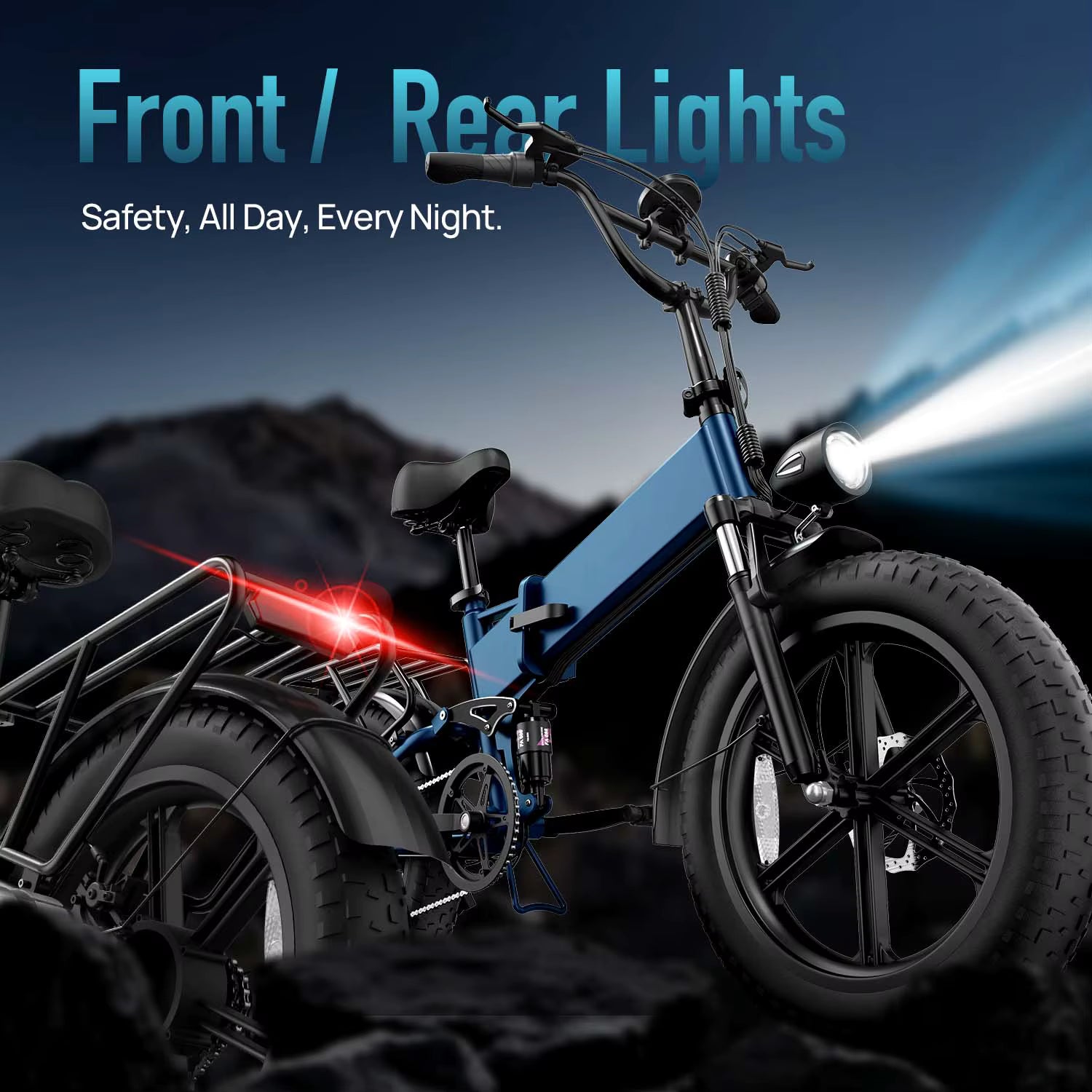 Urlife T5 electric bike highlighting bright LED headlight and red tail safety light setup