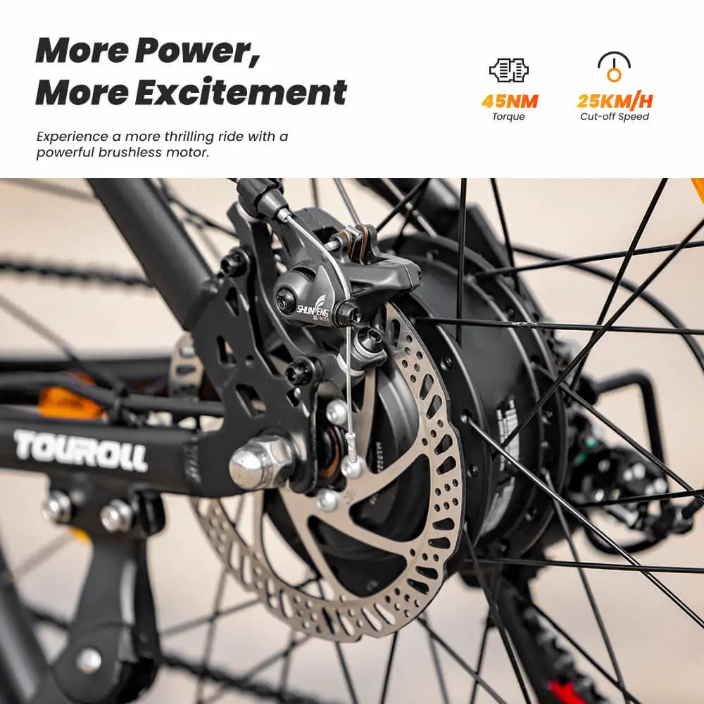 Electric Bicycle wheel with disc brake and Touroll branding, featuring text about power and excitement.