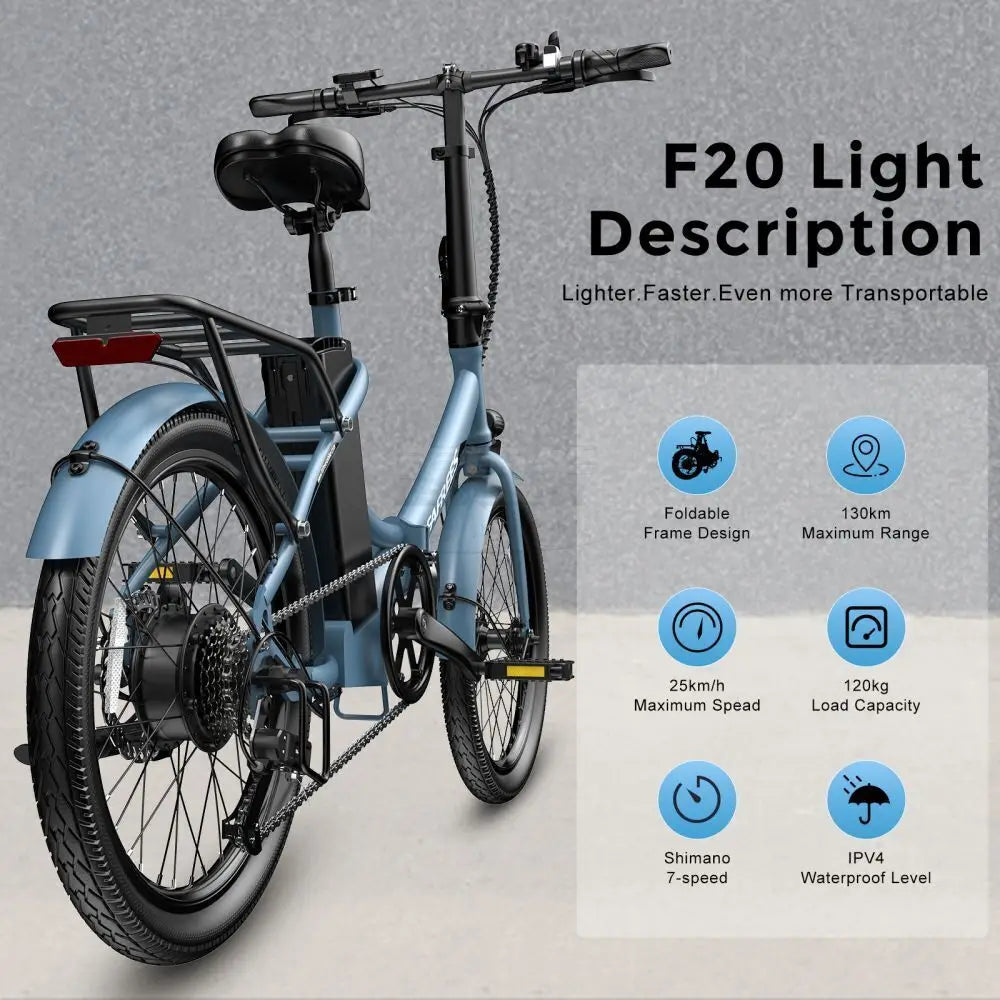 Blue electric bike with features listed on a gray background