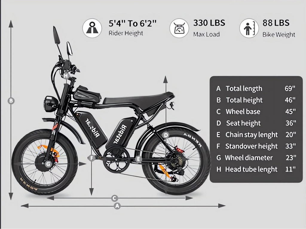 Electric bike with dimensions and specifications on a gray background
