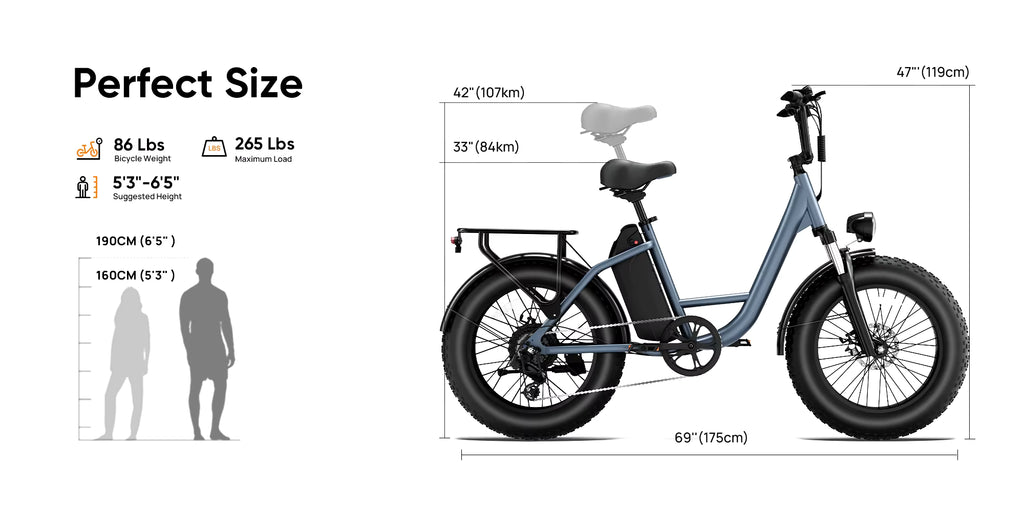 Measurement chart of a blue electric bike with dimensions and weight capacity on a white background.