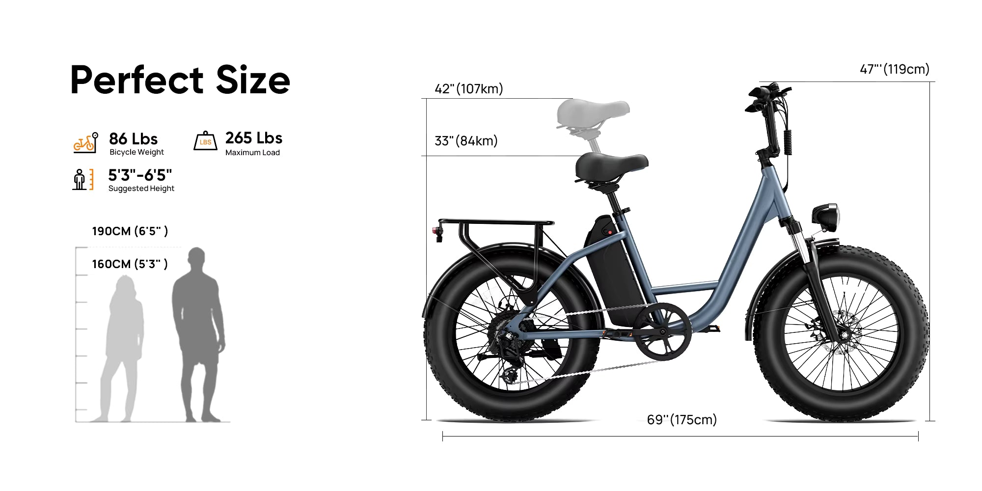 Measurement chart of a blue electric bike with dimensions and weight capacity on a white background.
