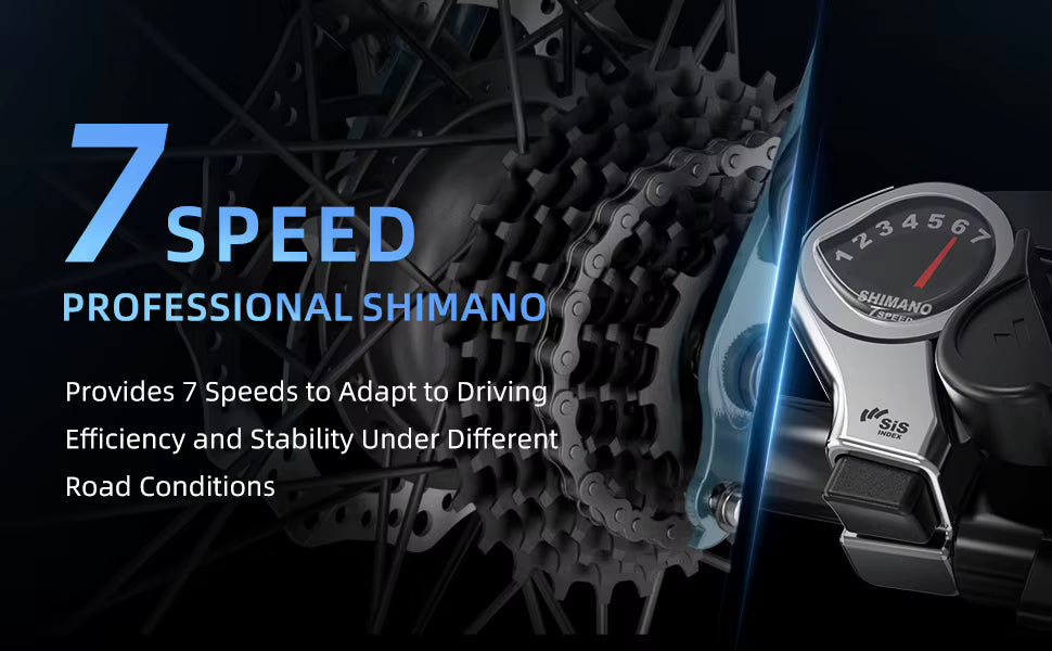 Promotional graphic showcasing the professional Shimano 7-speed drivetrain and gear shifter