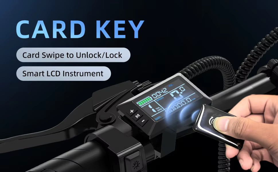 Promotional graphic demonstrating the card-swipe key locking and unlocking feature on the handlebar