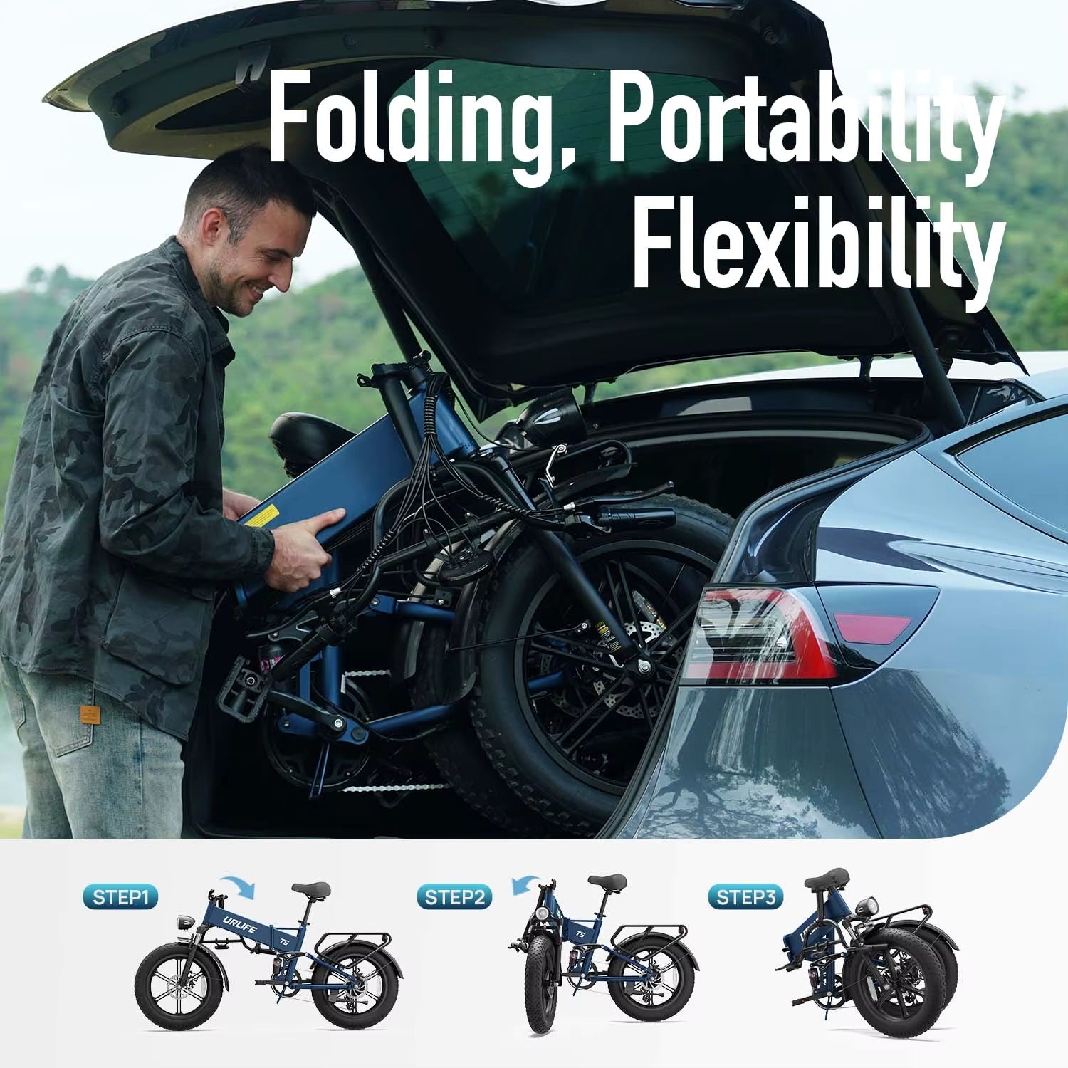 Man placing folded Urlife T5 electric bike into car boot with 3-step folding diagram