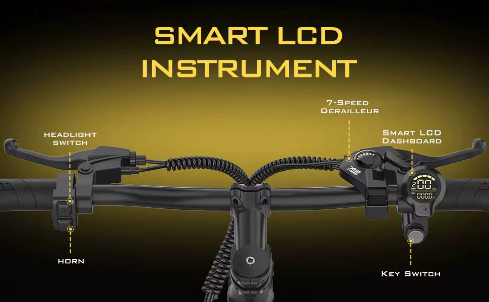 Close-up technical graphic highlighting the smart LCD instrument display mounted on the handlebars