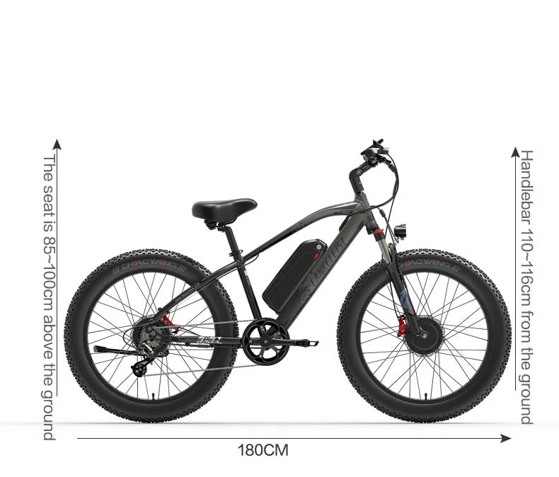 Electric bike with dimensions indicated on a white background