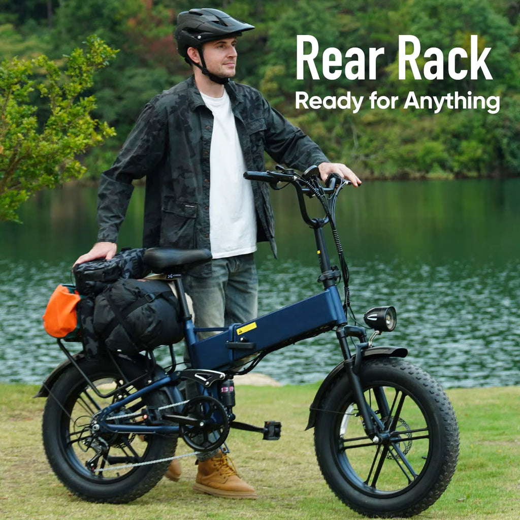 Rider outdoors by lake with Urlife T5 electric bike showing loaded rear cargo rack