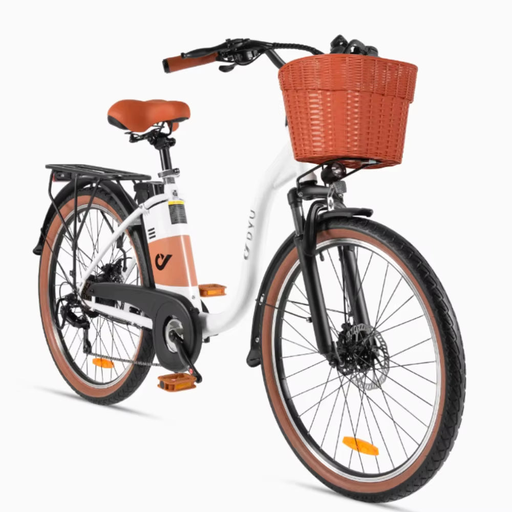 White DYU C6 Pro E-Bike electric bicycle with a brown basket and seat on a white background