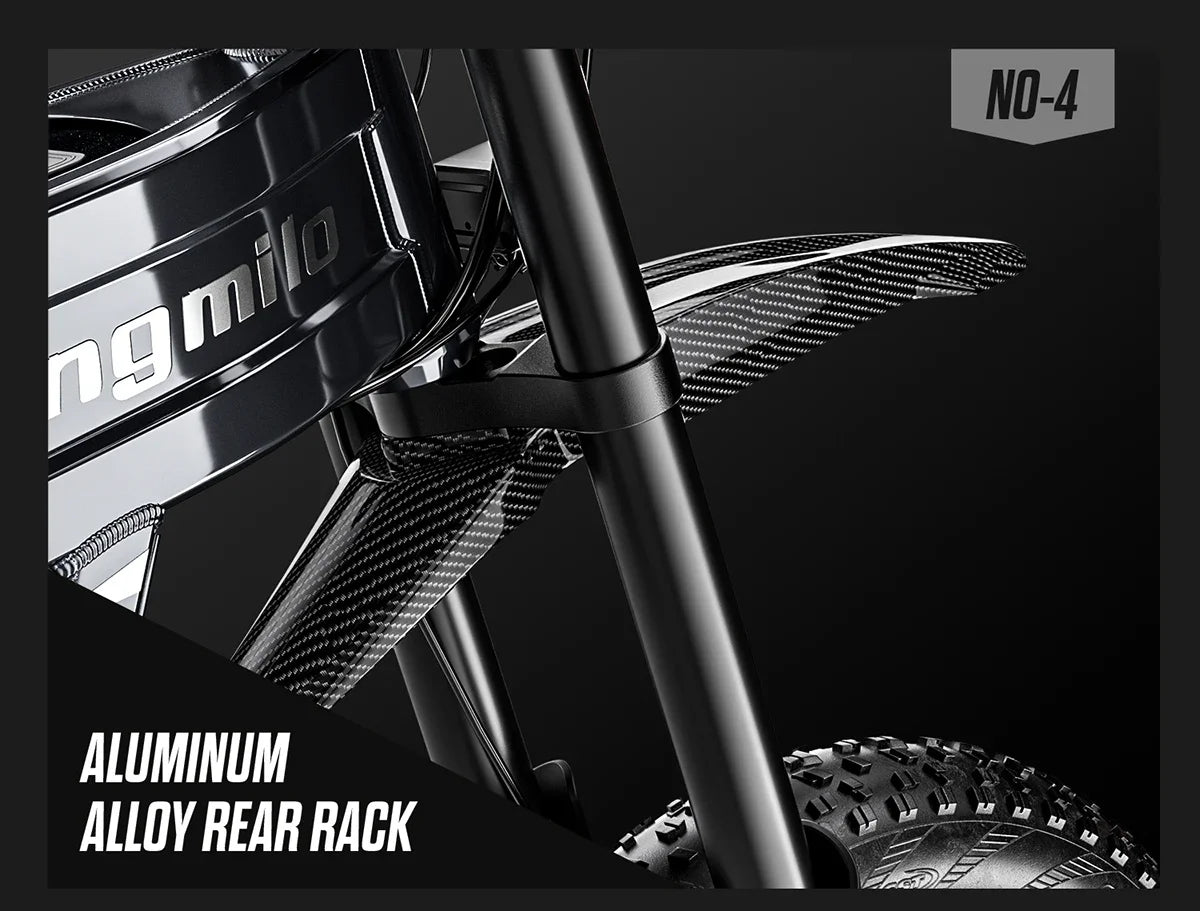Close-up of an electric mountain bike aluminum alloy rear rack with 'ng milo' branding on a black background.