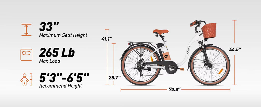 White DYU C6 Pro E-bike dimensions and specifications on a white background