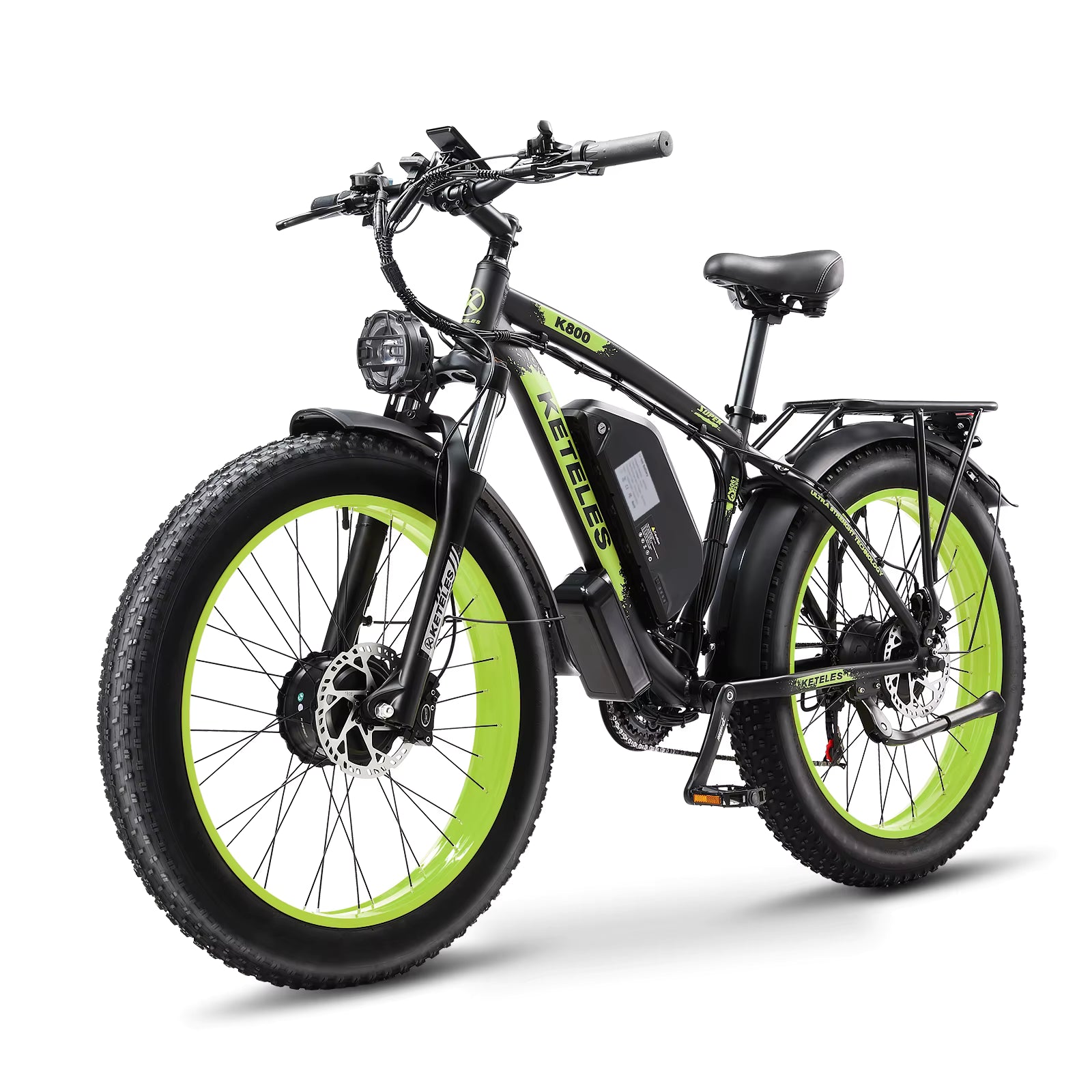 Black Electric bike with green wheels on a white background