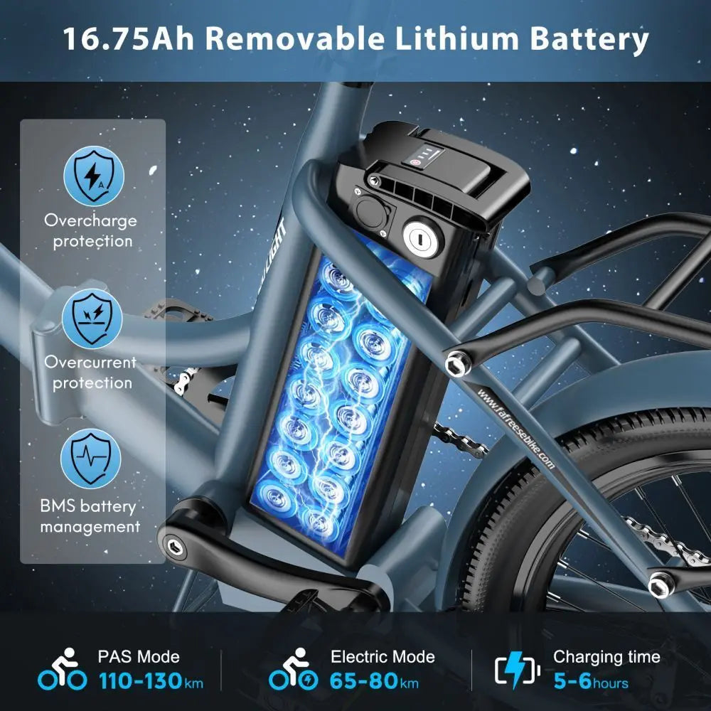Electric bike with a 16.75Ah removable lithium battery, showing features and specifications.