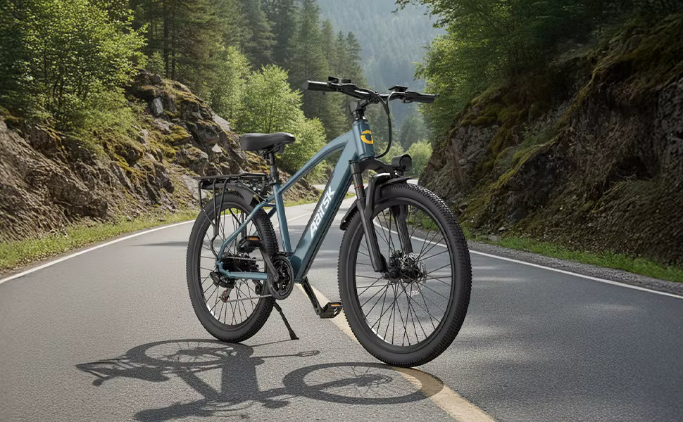 Outdoor lifestyle shot of the Aairsk S800 electric bike parked on a scenic road surrounded by trees