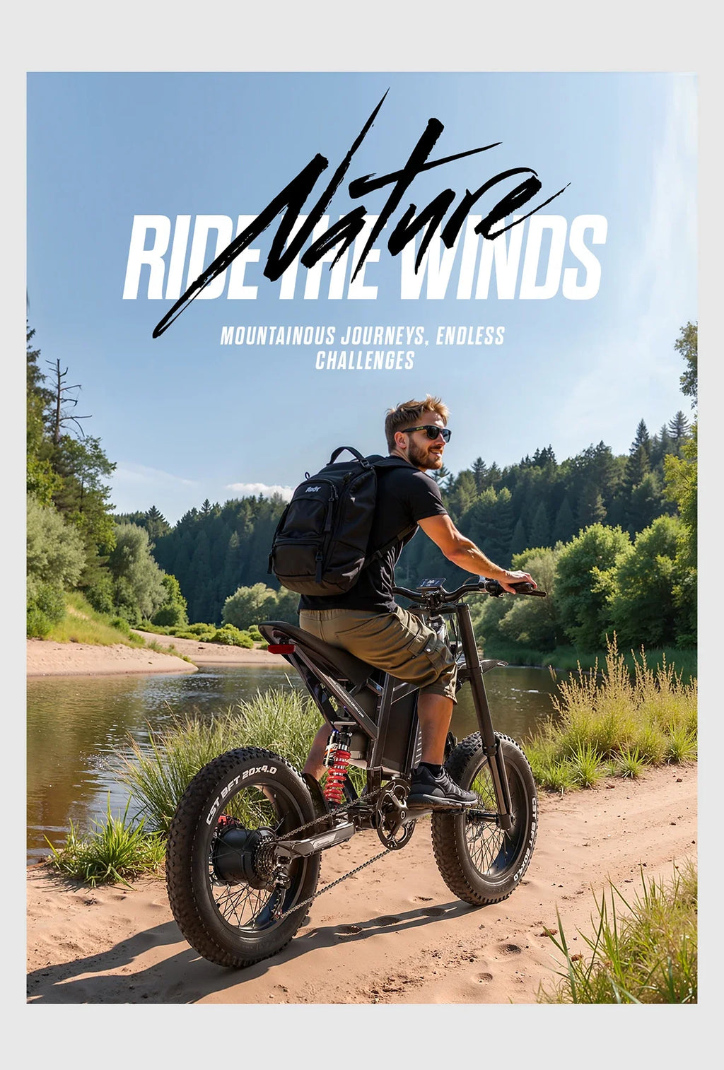 Man riding an Electric Mountain Bike along a trail with a scenic background and text 'Ride the Winds'.