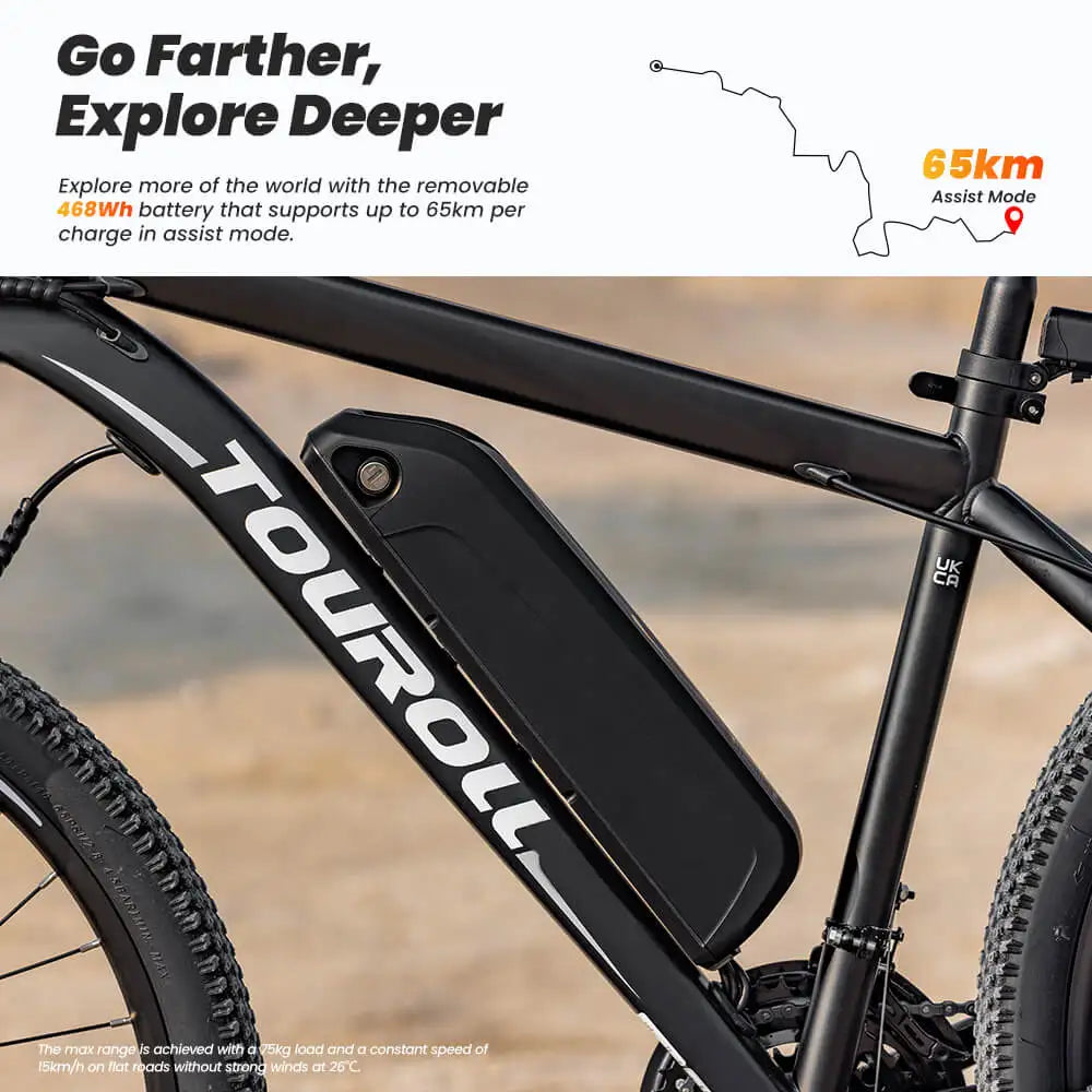 Black electric bike with Touroll branding and battery pack, featuring text about range and features.