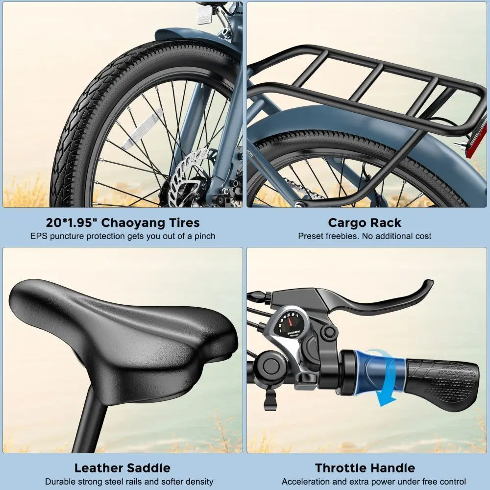 Electric Bicycle features including tires, cargo rack, leather saddle, and throttle handle with text descriptions.