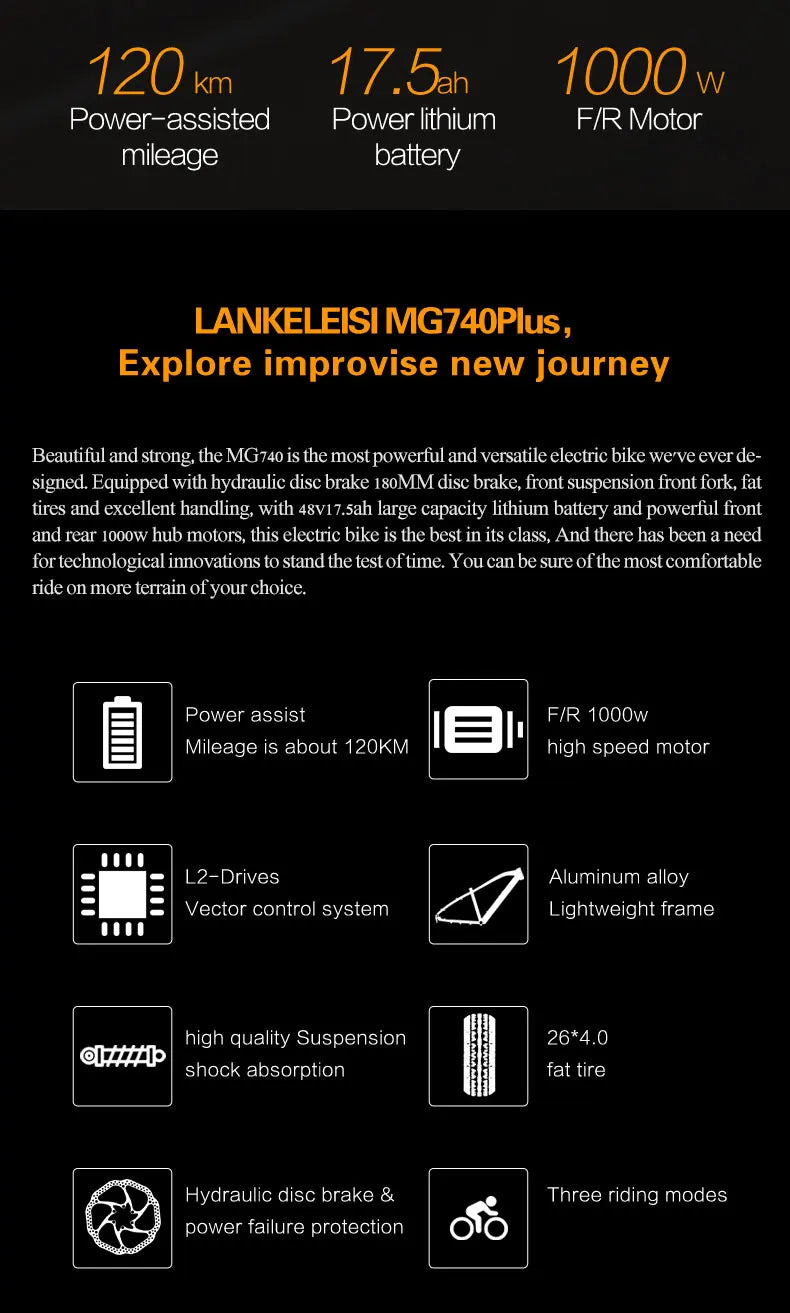 Promotional image of the LANKELEISI MG740Plus electric bike with specifications and features.