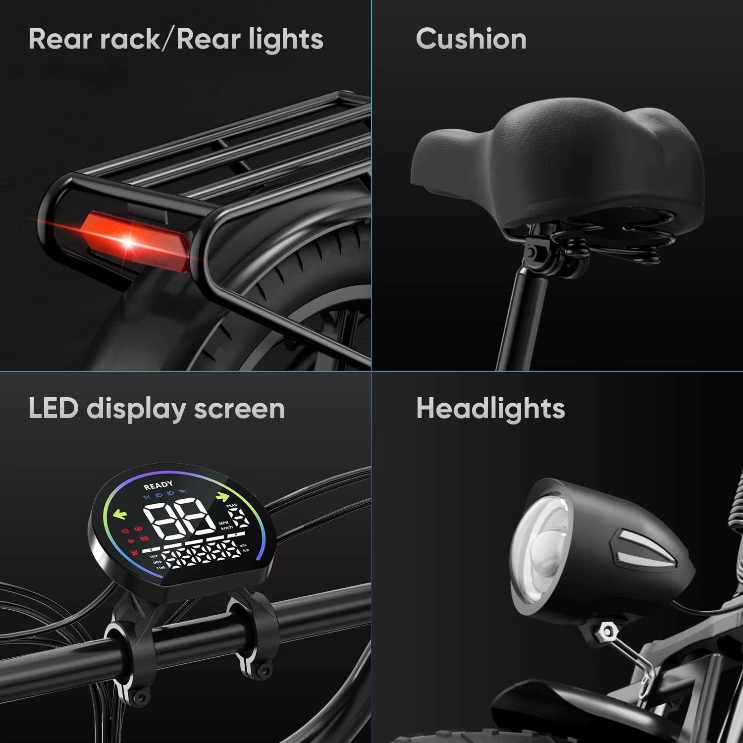 Urlife T5 features grid detailing rear rack light, saddle cushion, LED display, and headlight