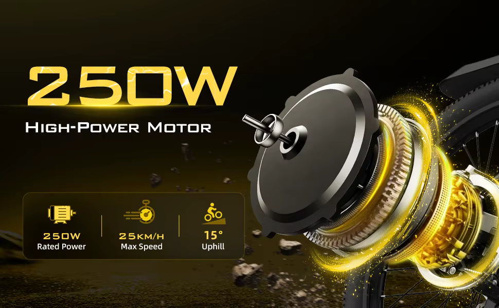 Promotional graphic highlighting the 250W high-power electric motor performance and specifications