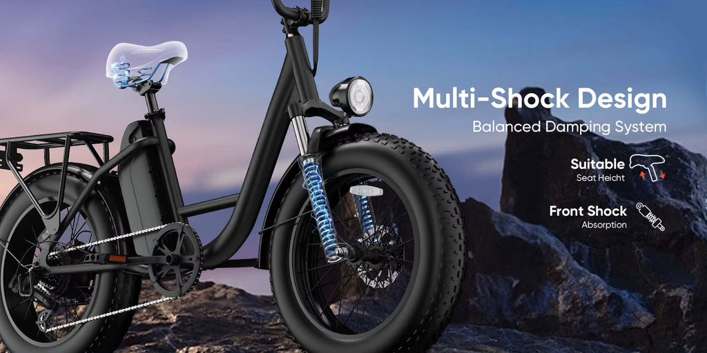 Electric bike with multi-shock design features on a mountainous background