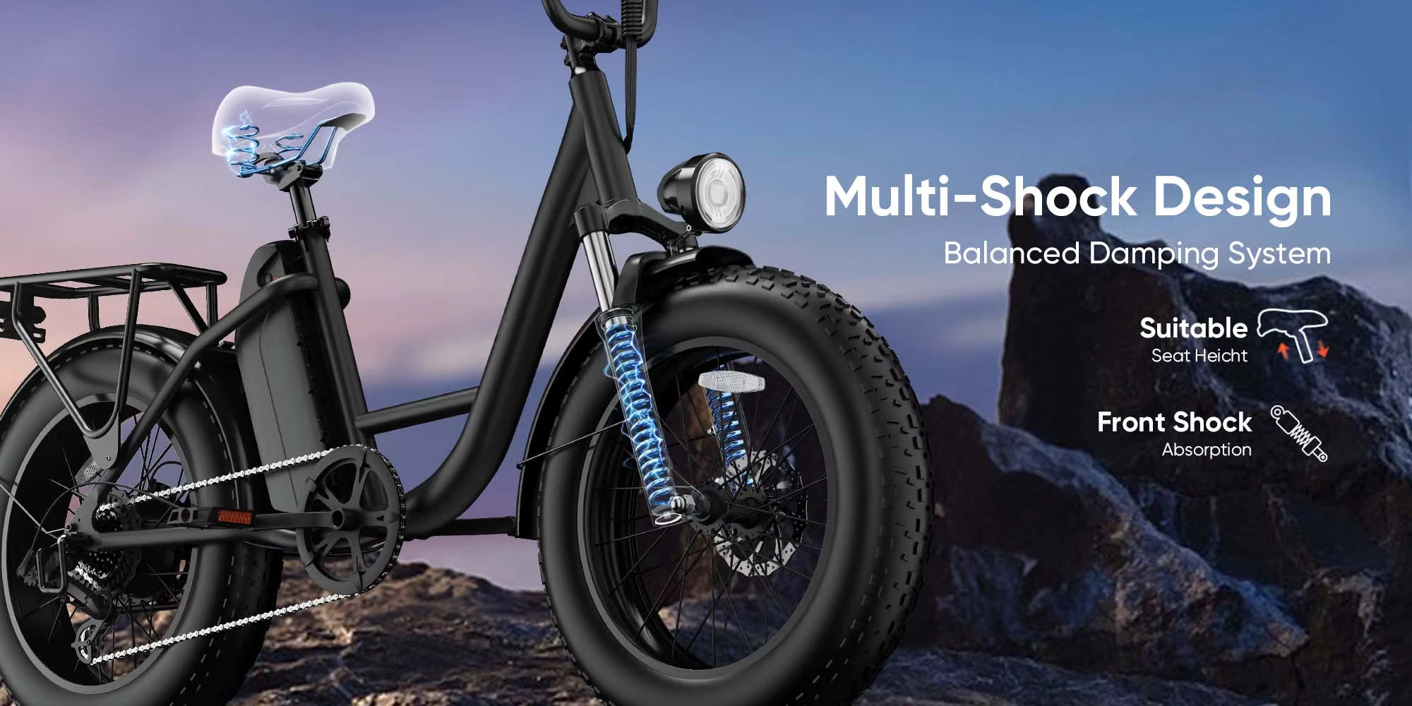 Electric bike with multi-shock design features on a mountainous background