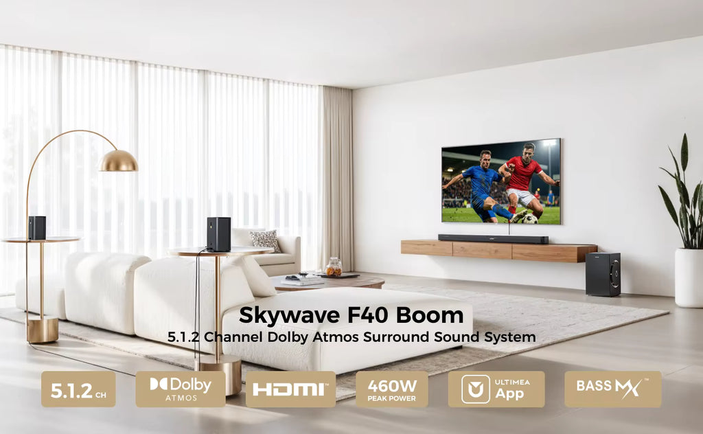 ULTIMEA Skywave F40 Dolby Atmos soundbar system integrated into a minimalist home interior