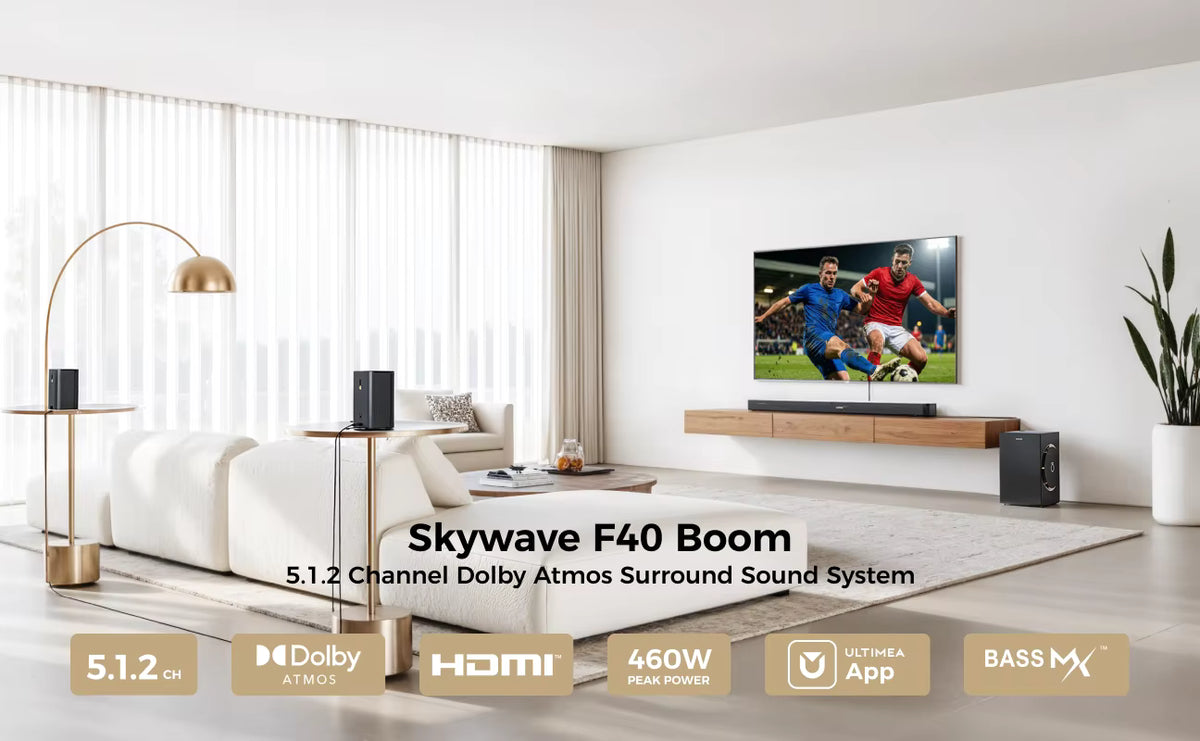 ULTIMEA Skywave F40 Dolby Atmos soundbar system integrated into a minimalist home interior
