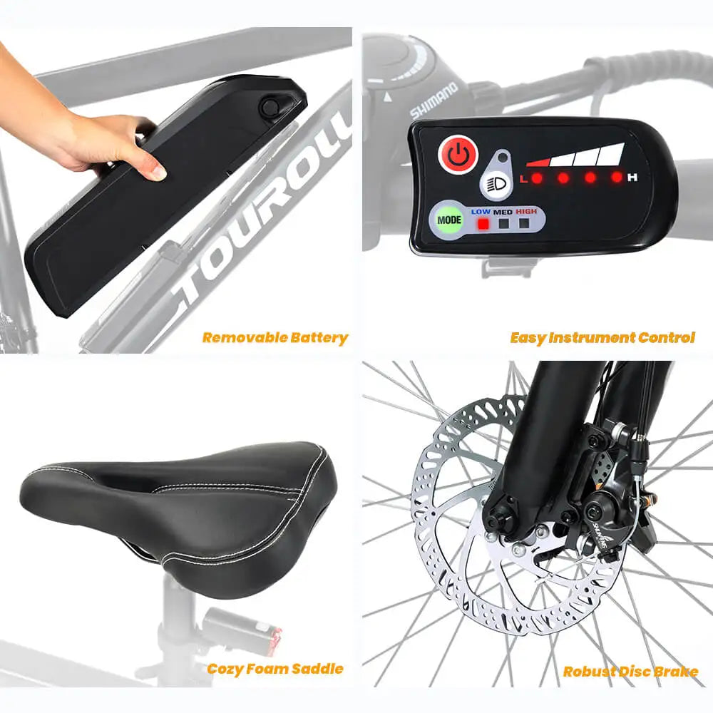 Electric bicycle showing features on a white background