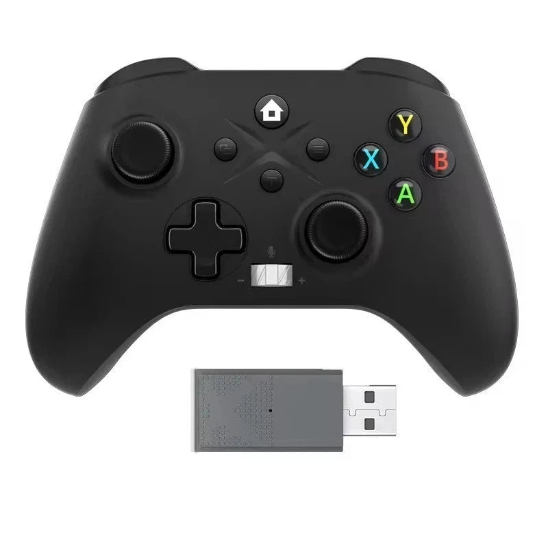 Black gaming controller with USB receiver on a white background