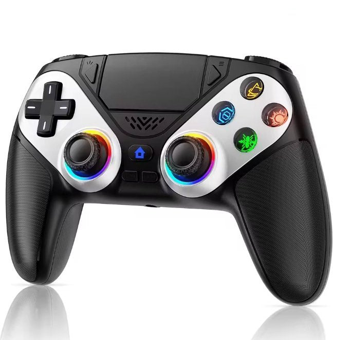 Black gaming controller with colorful buttons on a white background