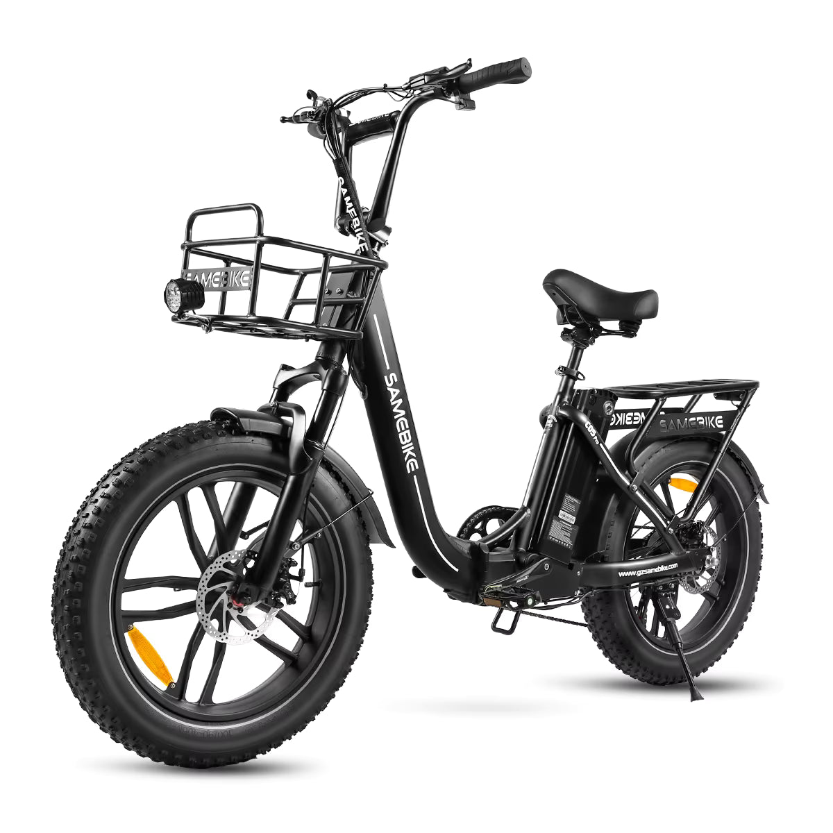 Black electric bike with a basket on a white background