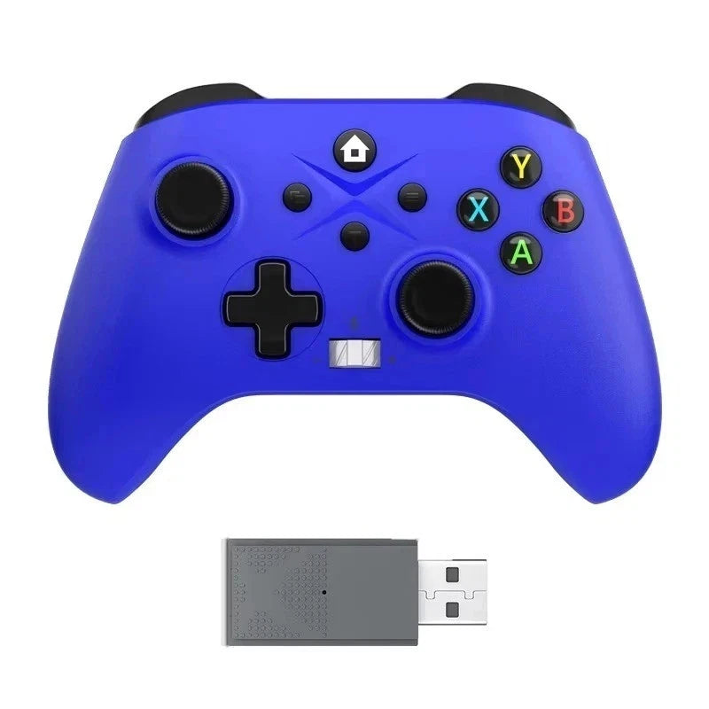 Blue gaming controller with wireless receiver on a white background