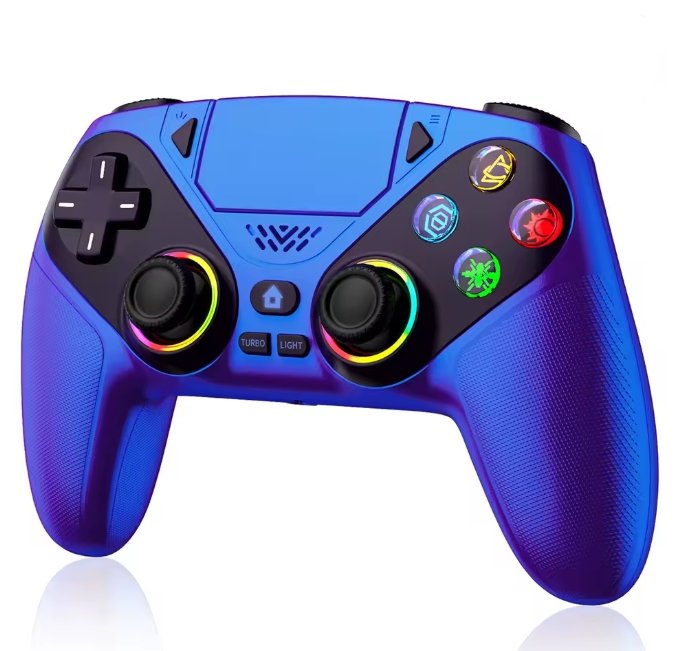 Blue gaming controller with colorful buttons on a white background