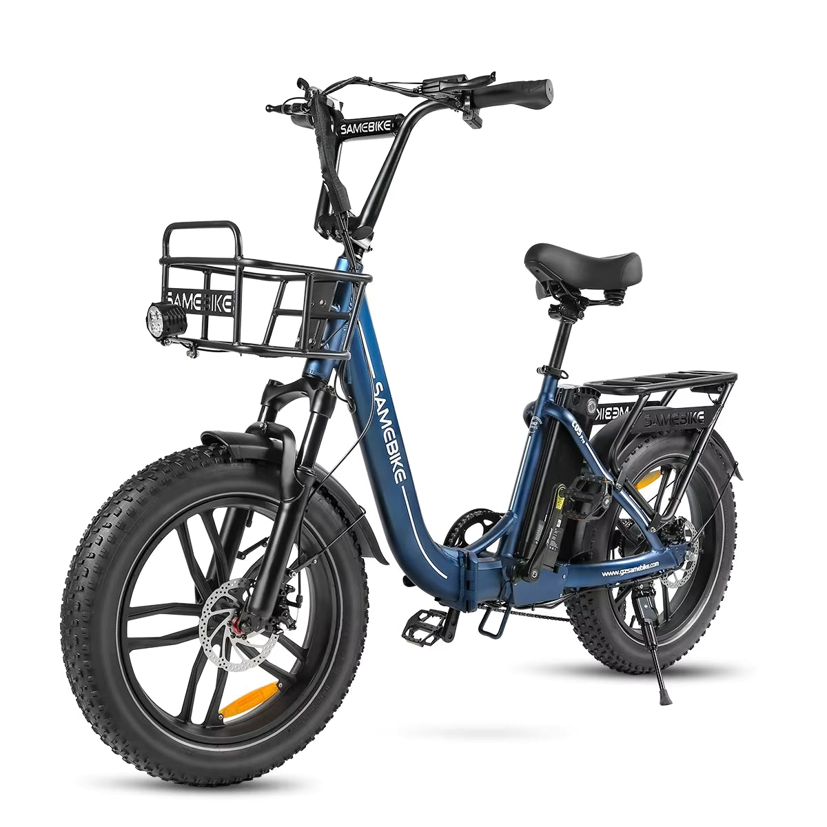 Blue electric bike with a black basket on a white background