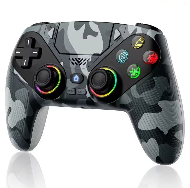 Camouflage-patterned gaming controller with colorful buttons on a white background