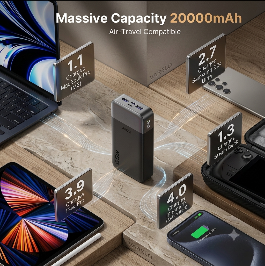 A portable power bank shown in a styled product scene with multiple smartphones and tablets around it, plus large text reading 'Massive Capacity 20000mAh' and smaller text 'Air-Travel Compatible.' The power bank is the central product, and the surrounding devices appear to demonstrate charging speeds.