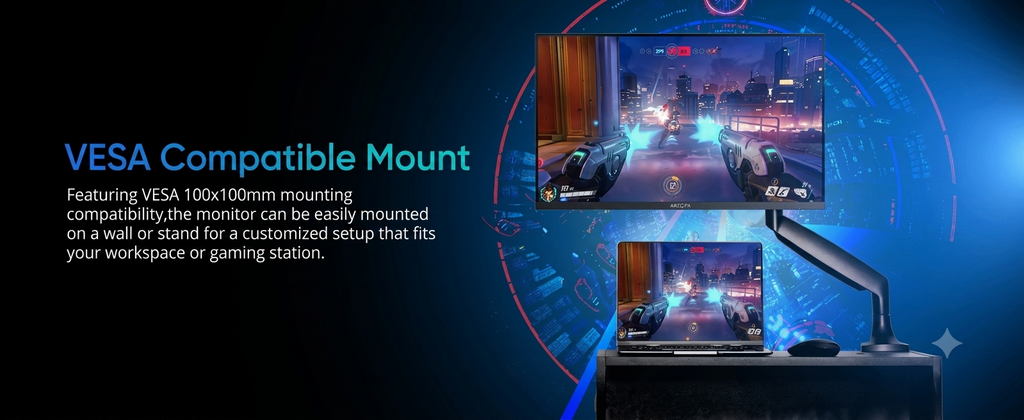 A VESA compatible monitor mount shown with two computer monitor setups on a dark blue graphic background. Text on the left reads 'VESA Compatible Mount' and describes wall or desk mounting for a customized gaming or workspace setup.