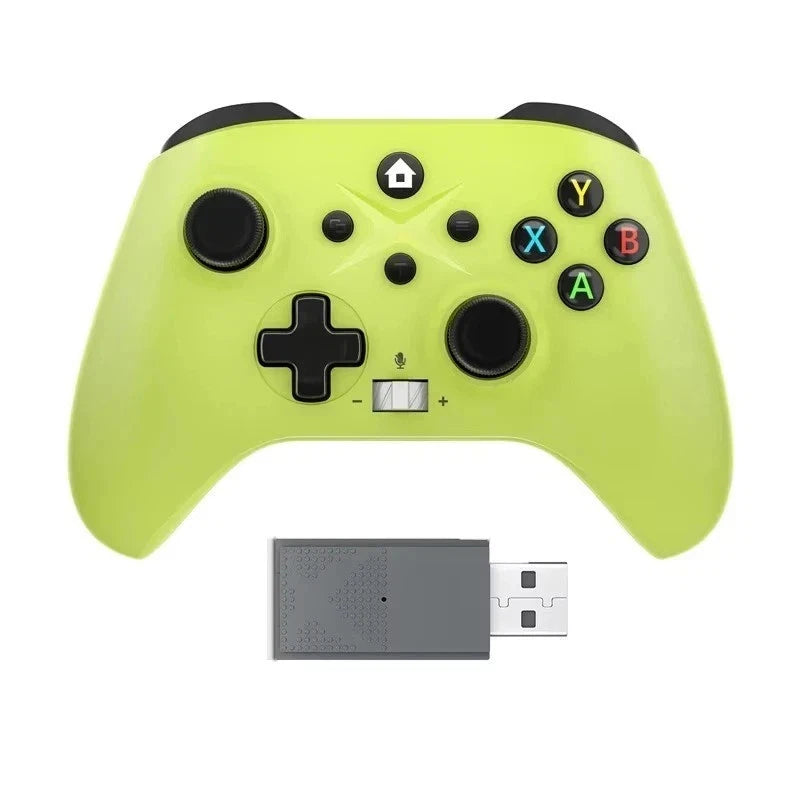 Green gaming controller with USB receiver on a white background