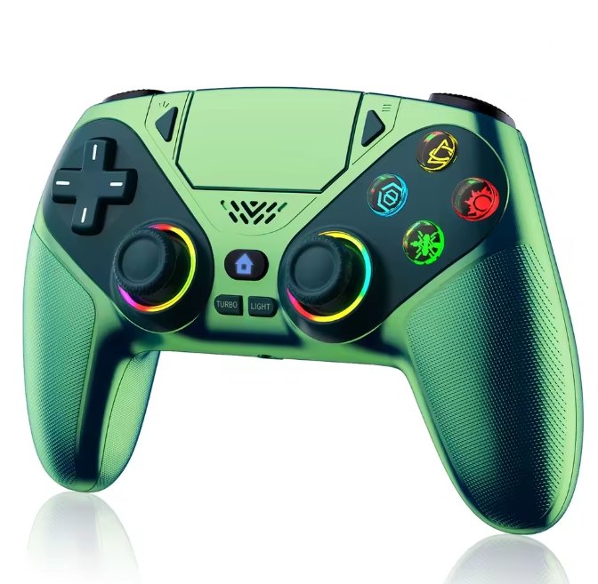Green gaming controller with colorful buttons on a white background