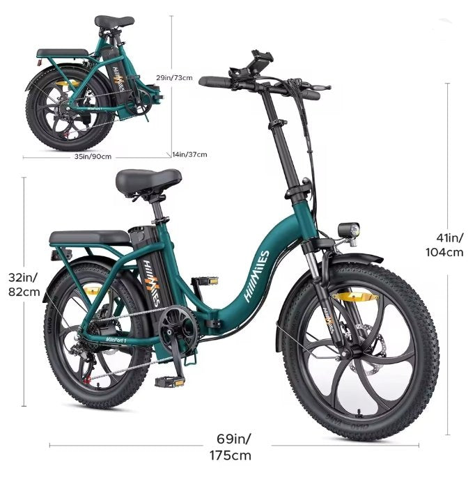 HillMiles MilePort 1 electric bike in green — 250W, 20‑inch fat tyres, folding frame with full measurements