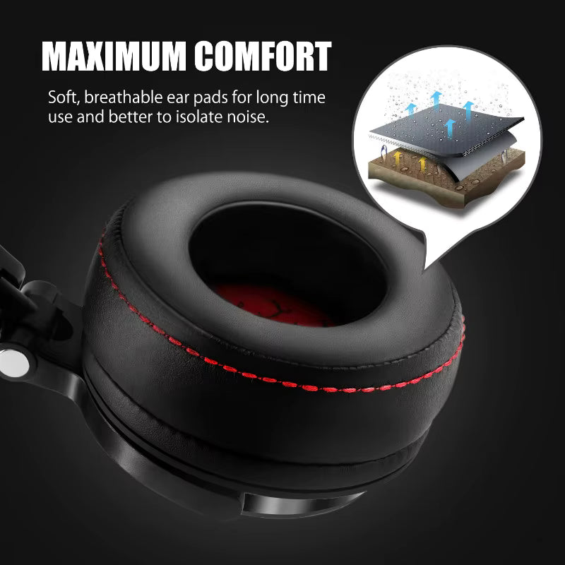 Close-up of a black headphone ear pad with red stitching on a dark background, featuring text about comfort and noise isolation.