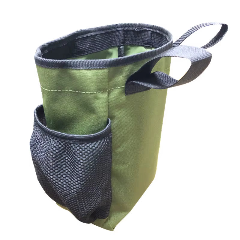 Side view of army green utility pouch showing elastic mesh water bottle holder