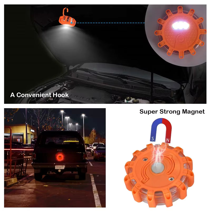Demonstration of VARELO emergency road flare mounted magnetically to a vehicle boot lid and hanging from a roadside warning sign hook