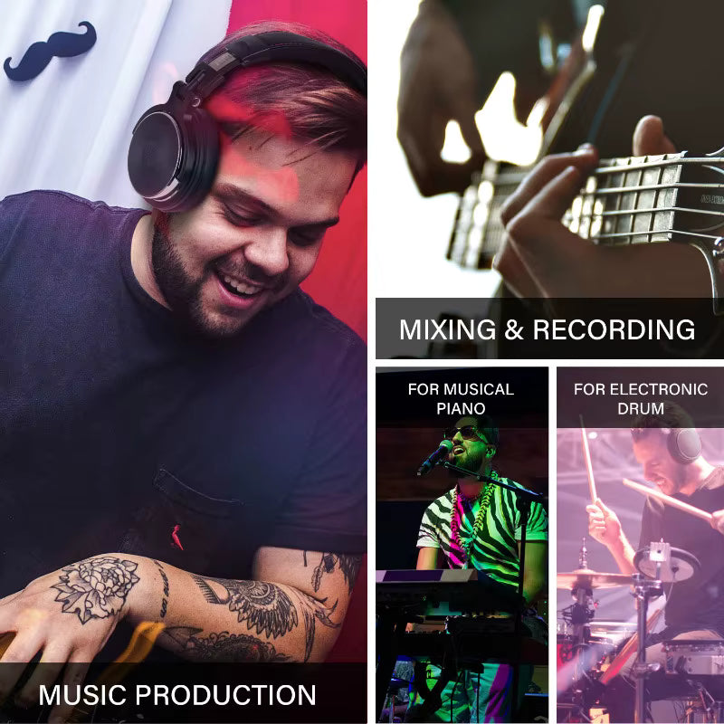 Music production collage with a person wearing headphones, playing guitar, and performing on stage.