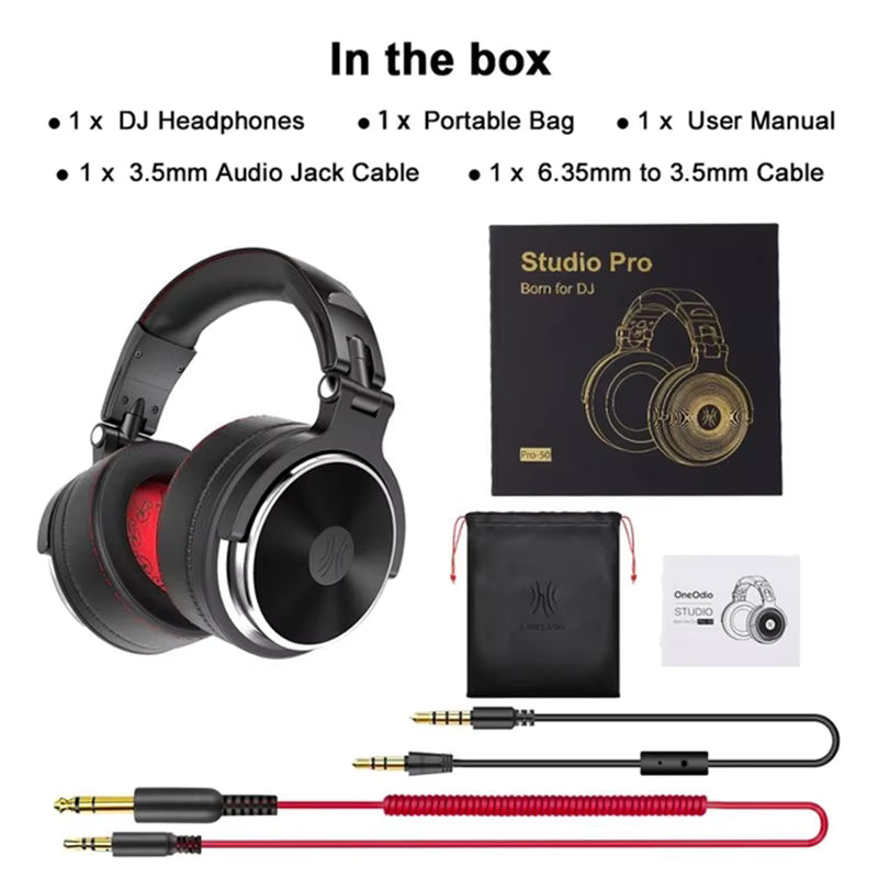 DJ Headphones set with accessories including a portable bag, user manual, audio jack cable, and 3.5mm to 6. showing what's in the box txt