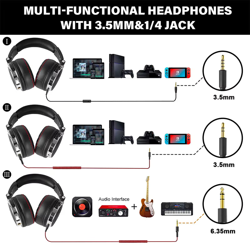 Multifunctional headphones with 3.5mm and 1/4 jack connectors for various devices.