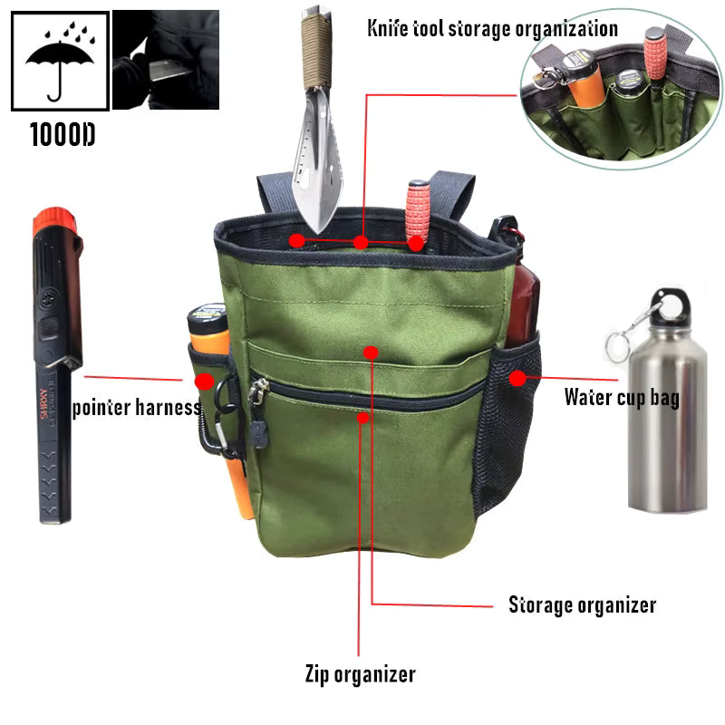 Heavy-duty tool dump pouch feature layout showing pinpointer holster internal dividers and mesh bottle holder