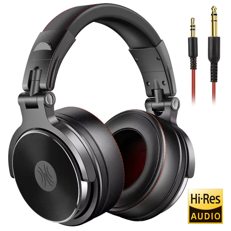 Black headphones with a cable and Hi-Res Audio logo on a white background