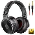 Black headphones with a cable and Hi-Res Audio logo on a white background